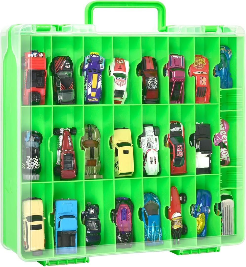 Double Sided Toy Storage Organizer Case for Hot Wheels Car, for Matchbox Cars, for Mini Toys, for Small Dolls. Carrying Box Container Carrier with 48 Compartments - Green(Box Only)