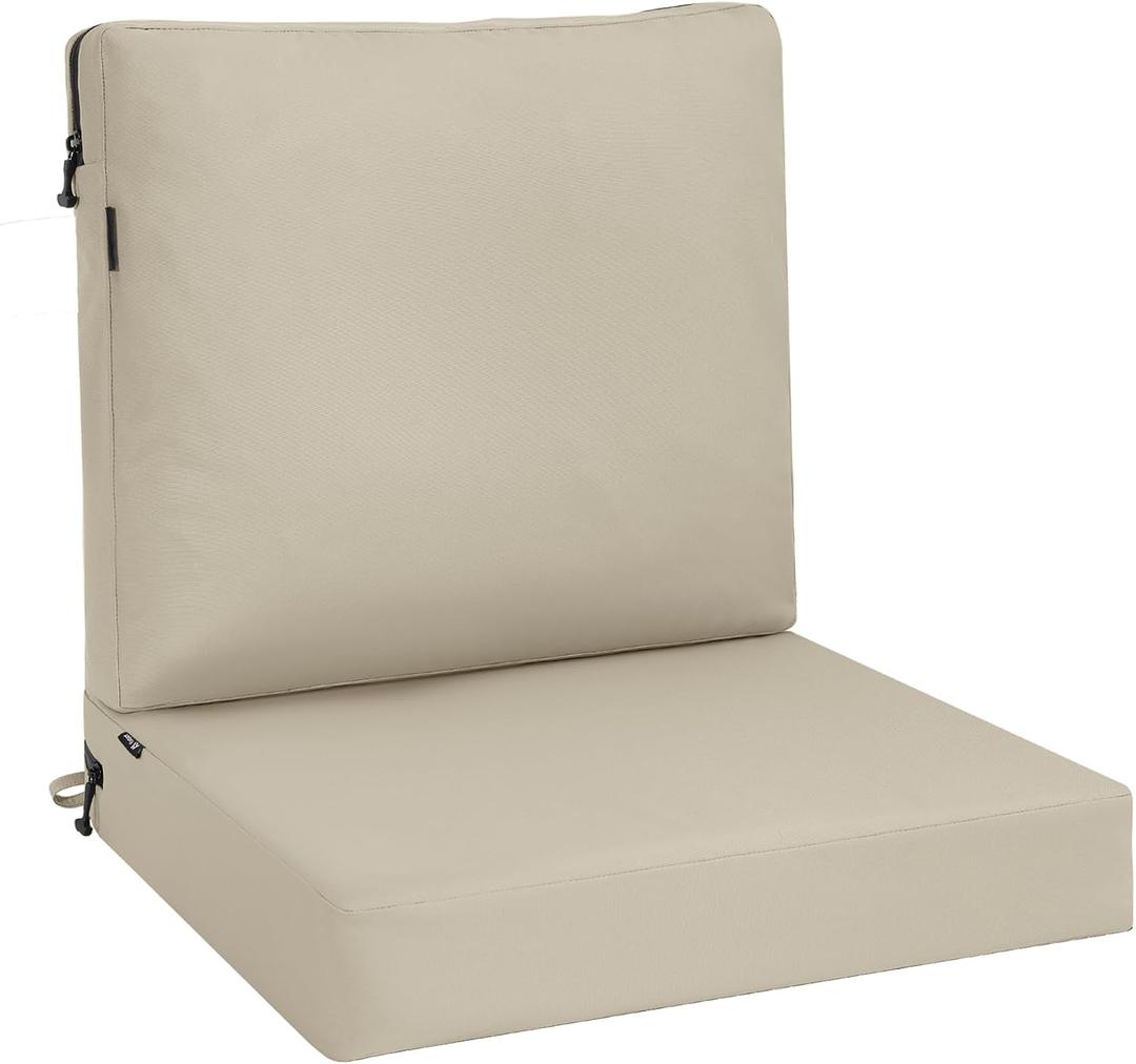 Favoyard Waterproof Outdoor Chair Cushion Beige 22 x 22 Inch, Water Resistant Patio Seat & Back Pad, 3-Year Fade Resistant Thick Cushion with Anti-Slip Straps & Removable Washable Cover