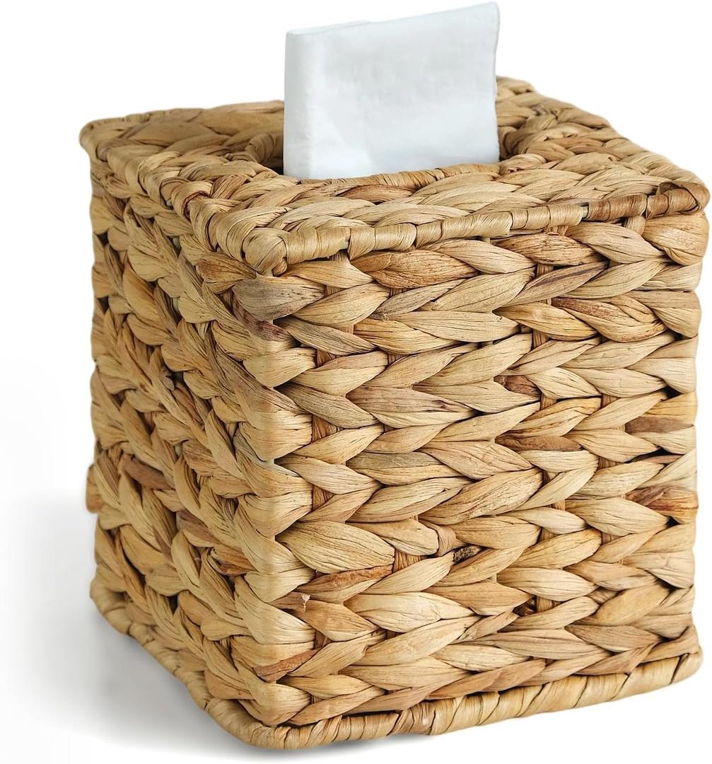 Wicker Tissue Box Cover, Rattan Tissue Box Holder Square, Boho Decorative Woven Water Hyacinth Cube Tissue Holders for Bathroom Living Room Kitchen (Natural)