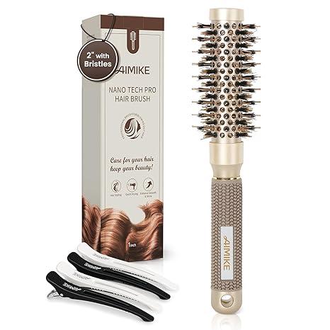 AIMIKE Round Hair Brush, 1 inch Barrel with Boar Bristles, Nano Thermal Ceramic & Ionic Tech, for Blow Drying, Styling, Curling and Shine + 4 Clips (Gold, Unisex, Fine Hair, Short Hair, AntiFrizz)