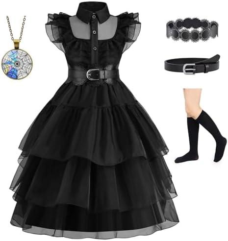 Black Costume Dress for Girls Halloween Costumes Kids Cosplay Family Birthday Party with Accessories 7-8 Years