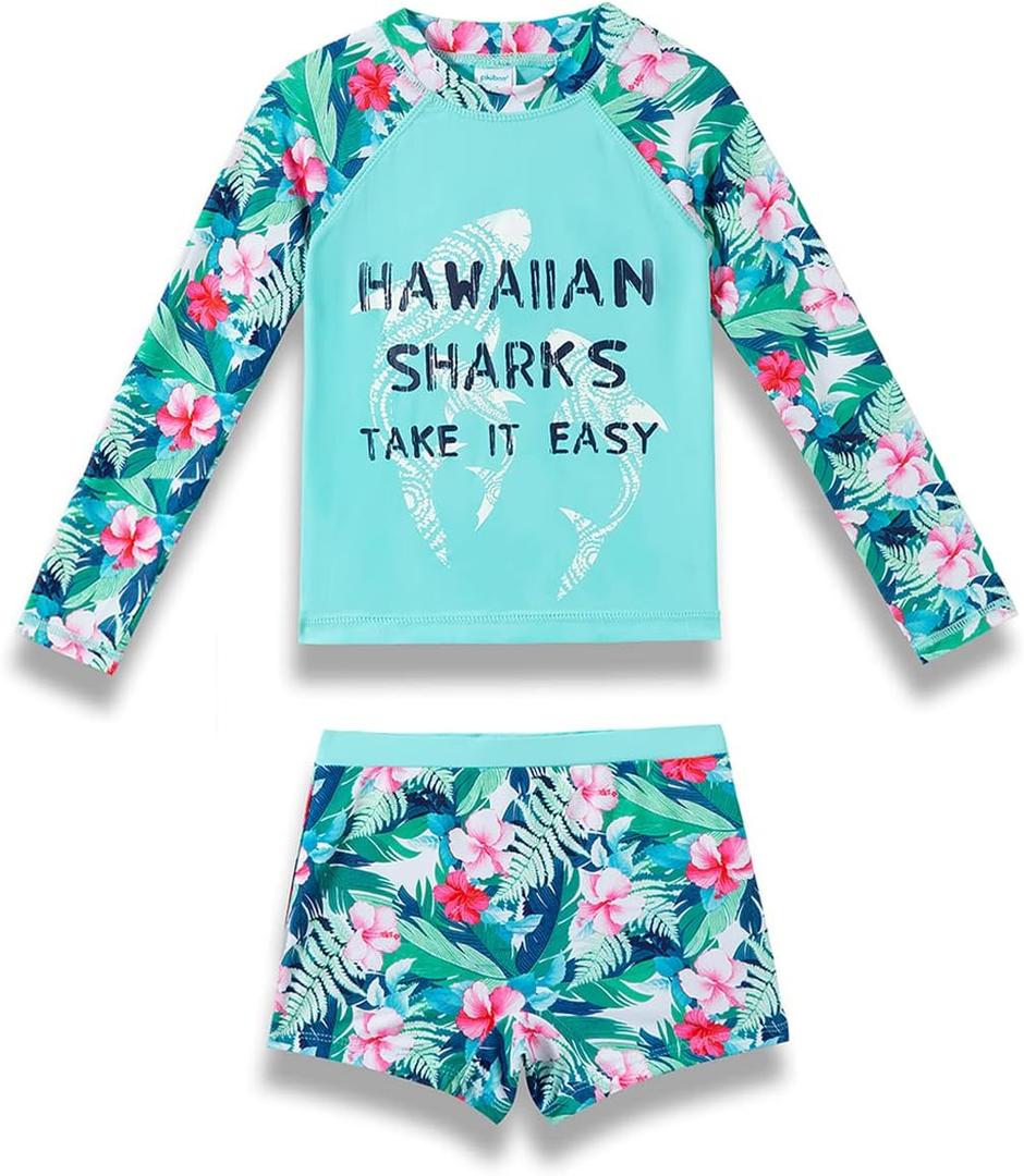 PHIBEE Girls' Rash Guard Set Long Sleeve UPF 50+ Sun Protection Two-Piece Swimwear (14, Green)
