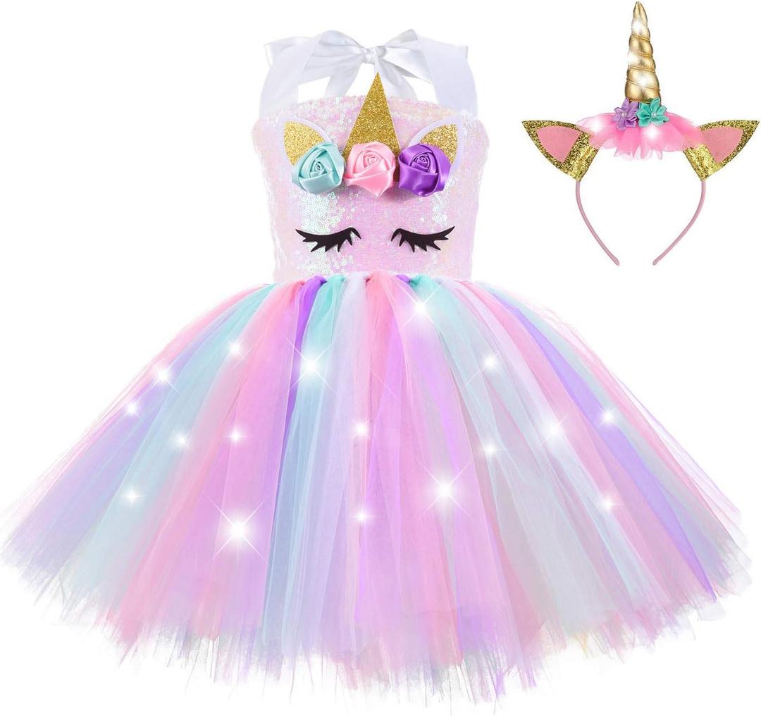 ZeroStage Sequin LED Light Unicorn Costume for Girl Birthday Decorations Halloween Christmas Party Outfit Princess Tutu Dress (3-4T, Pink)