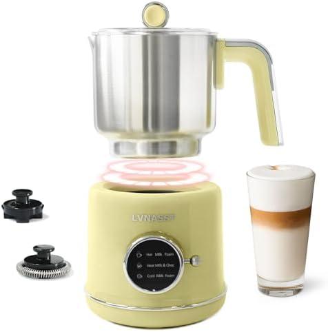 LVNASST Stainless Steel Milk Frother and Steamer, 12oz Electric Milk Warmer & Foam Maker, 3in1 Hot Cold Frothing, Warm Thick Foam for Macchiatos, BPA Free, Yellow