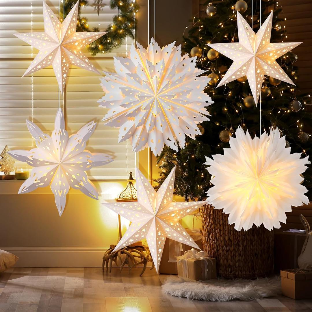 6 Pack Christmas Snowflake Paper Lantern Xmas Star Paper Lanterns with 6 LED Light White Hanging Lamp Ornaments for Christmas Winter Weddings Birthday Holiday Party Decoration(Stylish Style)