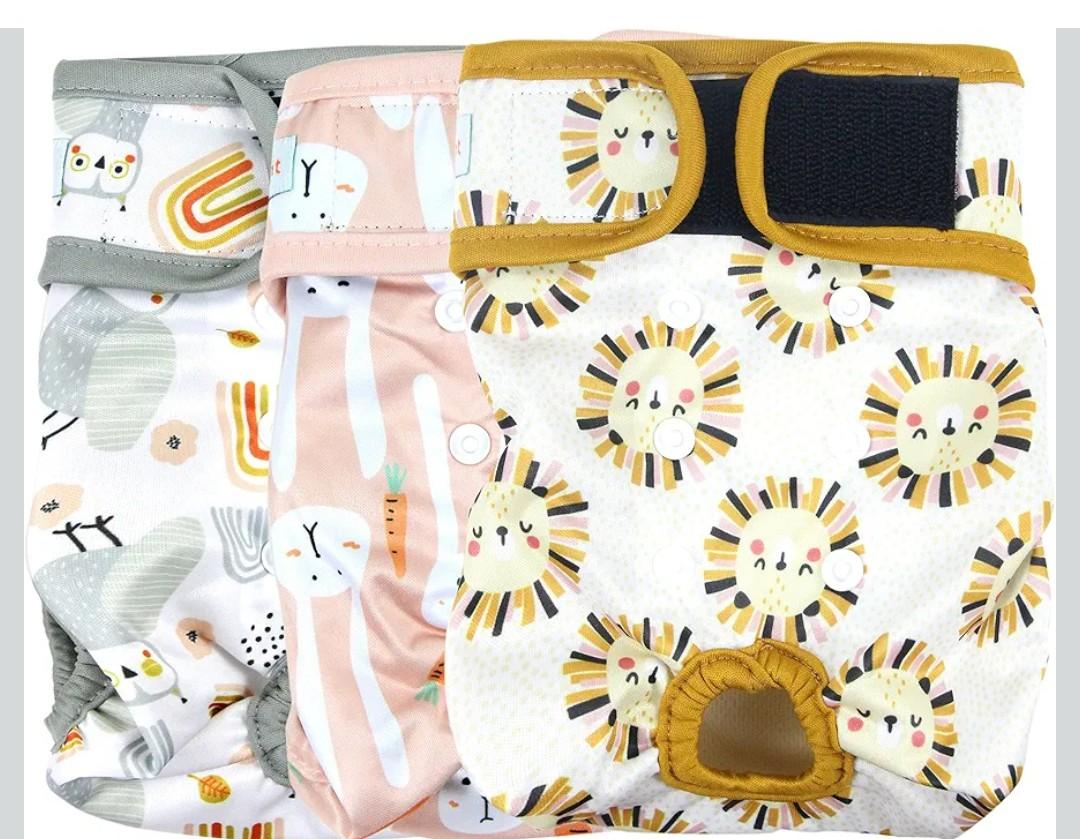 Langsprit Washable Female Dog Diapers (3 Pack) - Doggie Reusable Small Medium Large Dog Diapers for Doggy Puppy Female in Period - Highly Absorbent Dog Heat Panties (Medium,Rabbit, Owl, Lion)