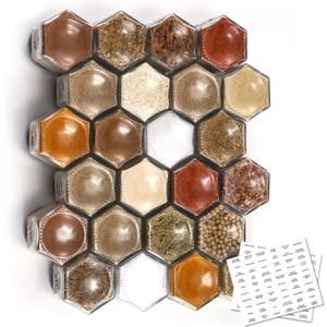 Homazing Set of 24 Hexagon Glass Spice Jars with Shaker Lids and Labels for Refrigerator, Kitchen, RV Travel Trailer Magnetic Containers