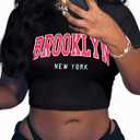 Hilinker Womens Short Sleeve Graphic Crop Tops Vintage Tees Summer Cute T Shirts (Medium, Black Brooklyn)