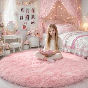 Pink Round Area Rugs 6Ft for Bedroom Living Room, Big Fluffy Shag Circle Rug for Kids Playroom, Cute Preppy Room Decor for Teen Girls, Cozy Fuzzy Furry Plush Carpets for Baby Nursery, Dorm, Classroom