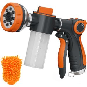 Garden Hose Nozzle,8 Patterns Hose Sprayer High Pressure,Heavy Duty Dog Wash,Metal Water Hose Nozzle with Soap Dispenser,Car Wash Foam Gun with A Car Wash Mitt