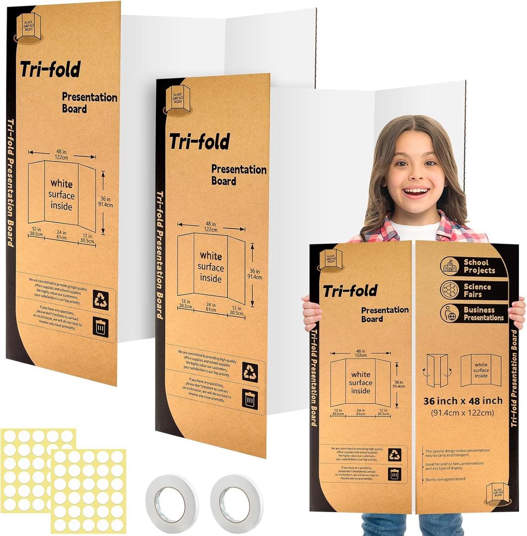2 Pack Trifold Poster Board 48" X 36", IKAYAS Single Sided White Poster Boards, Science Fair Display Boards Posterboard for Mounting, Prints, Art, Display,Projects Classroom Supplies, 48 Inches By 36 Inches