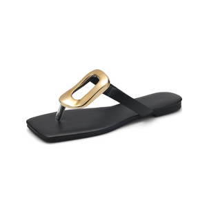 Womens Flat Sandals Leather Comfortable Flip Flops Slide Summer Beach Shoes with Metal Decoration 39