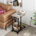 IDEALHOUSE C Shaped End Table with Charging Station, Grey Flip Top Sofa Table with USB Ports and Outlets, Narrow Side Table with 3 Tier Storage Shelf for Living Room, Bedroom, Small Spaces
