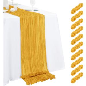 10 Pack Gold Cheesecloth Table Runner 17x108 Inch Semi Sheer Boho Gauze Cheese Cloth Table Runners, for Wedding Bridal Shower Birthday Party Home Decor Garden Farmhouse