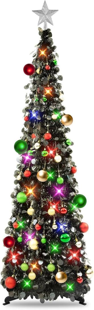 N&T NIETING Pop Up Black Tinsel Christmas Tree, 5Ft Collapsible with Lights & 30 Balls, Skinny Christmas Tree Decor for Holiday Xmas Home Office