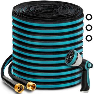 100FT Garden Hose, Non-Expandable Kink-Free Flexible Hose with 10 Spray Function Nozzle, Leakproof Lightweight 3/4 Brass Connector High Pressure Flat Water Pipe for Outdoor Yard Lawn (Blue and Black)