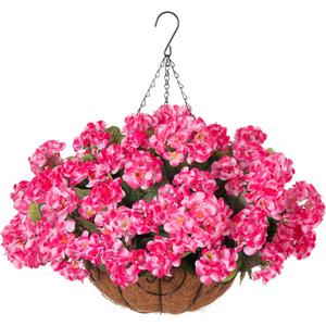 INSPRING Geraniums Artificial Flowers Hanging Basket for Outdoors Outside Spring Decoration, 8 Bundles Silk Flowers Fake Plants Look Real UV Resistant for Porch Home Patio Balcony Yard, Pink