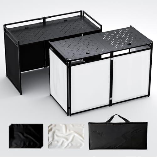 RDCMKL Portable DJ Booth Table Stand with 2-Height Adjustable Top Board, All-Iron Heavy Duty DJ Facade for Events, Includes 8 Scrims, Travel Bag, and 4 Leveling Legs, 54x27x45 Inches, Black