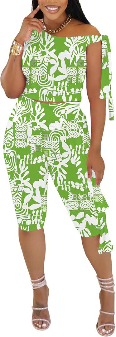 Two Piece Sets for Women Summer Outfits Off The Shoulder Tops Pants Sets Sexy Jumpsuits Vacation Outfits Matching Sets (Tropical), XL