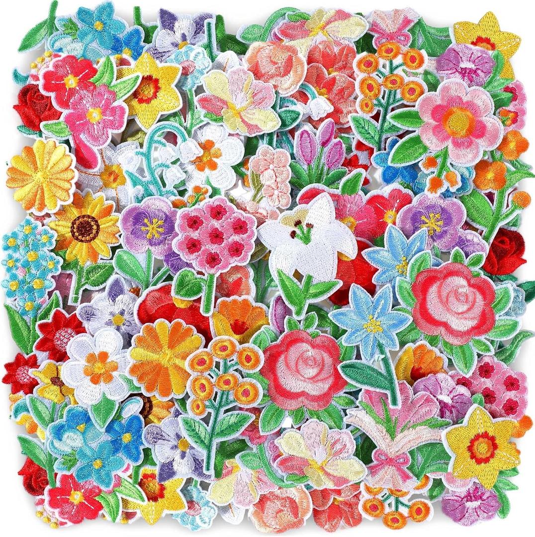 Zeyune 72 Pcs Mini Flower Iron on Patches Bulk Embroidered Spring Floral Iron on Hat Patch Rose Sunflower Daisy Lily Tulip Peony Applique Sew on for Hat Backpack Clothing Shirt Jeans Pants DIY Craft (Pastel)