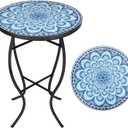 VCUTEKA Mosaic Outdoor Side Table, 14" Round Small Patio Accent Table Indoor End Table for Yard, Garden, Living Room, Bistro Balcony or Lawn Blue