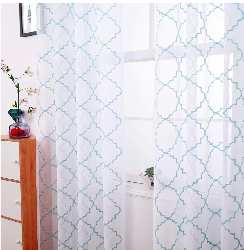 Embroidery Sheer Curtains Blue 95 Inches Long, Window Treatments Rod Pocket Drapes for Living room, Bedroom, Moroccan Design Crinkle Voile Curtain Panels for Yard, Villa, Parlor, Set of 2, 52"x 95".