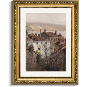 VIYYIEA Gold Framed Canvas Wall Art, European Towns Landscapes Art, Living Room Hallway Bedroom Library Rustic Retro Neutral Decor, Vintage Antique Country Town Picture Paintings,11x14 Inch