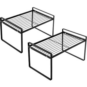2 Pack Kitchen Cabinet Shelf Counter Organizer Rack Pantry Storage Bathroom Bedroom Office Table Desk Space Saving Steel Frame Stackable Rust Resistant Non Slip Black (L13" W8.3" H7.3")