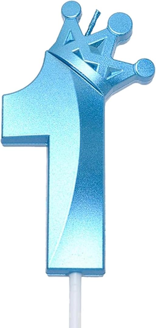 Blue Number 1 Birthday Cake Candle, 3D Shape Crown Birthday Number Candle, 1st Birthday Party Blue Theme Cake Topper Decorations (Blue 1)