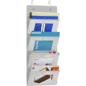 Simple Houseware Over the Door Hanging Wall File Organizer, 4 Clear Window Pocket File Holder with 13" Width for Office Supplies Storage, Grey