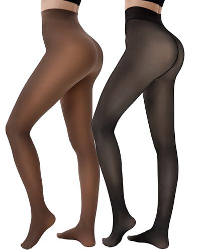HONGTEYA 2 Pairs Fleece Lined Tights Women - Warm Sheer Pantyhose Fake Translucent Tights Winter Thermal Leggings (US, Alpha, Medium, Regular, Regular, Fake Translucent Black+Coffee), M