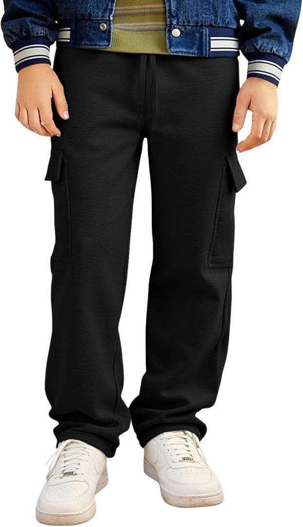 Haloumoning Boys Fleece Cargo Sweatpants Kids Athletic Wide Leg Joggers with Open Bottom and Drawstring & Pockets (13-14 Years, Black)