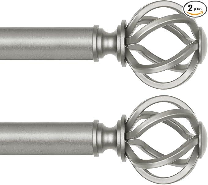 2 Pack Curtain Rod 32 to 58 Inches (2.6 to 4.8 ft), USFOOK 7/8 Inch Heavy Duty Curtain Rods for Windows, Telescoping Splicing Drapery Rods with Antique Silver Twisted Cage Finials