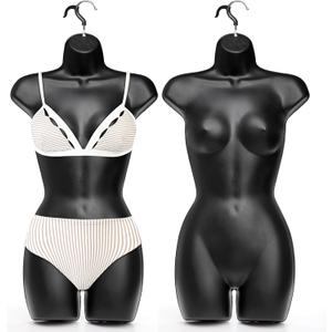 2 Pack Black Female Mannequin, Hip Long Hollow Back Body Torso Dress Form, Shatterproof Frosted Shapely Mannequin with Hanging Hook for Display Top and Bottom Merchandise, Fits Sizes 5-10