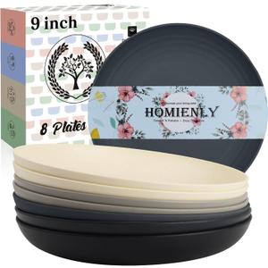 Homienly Wheat Straw Plates Set of 8, Reusable Lightweight and Unbreakable 9 inch Plates, Premium Microwave and Dishwasher Safe Plates for Kitchen, Camping, Picnic, Party - GreyStone