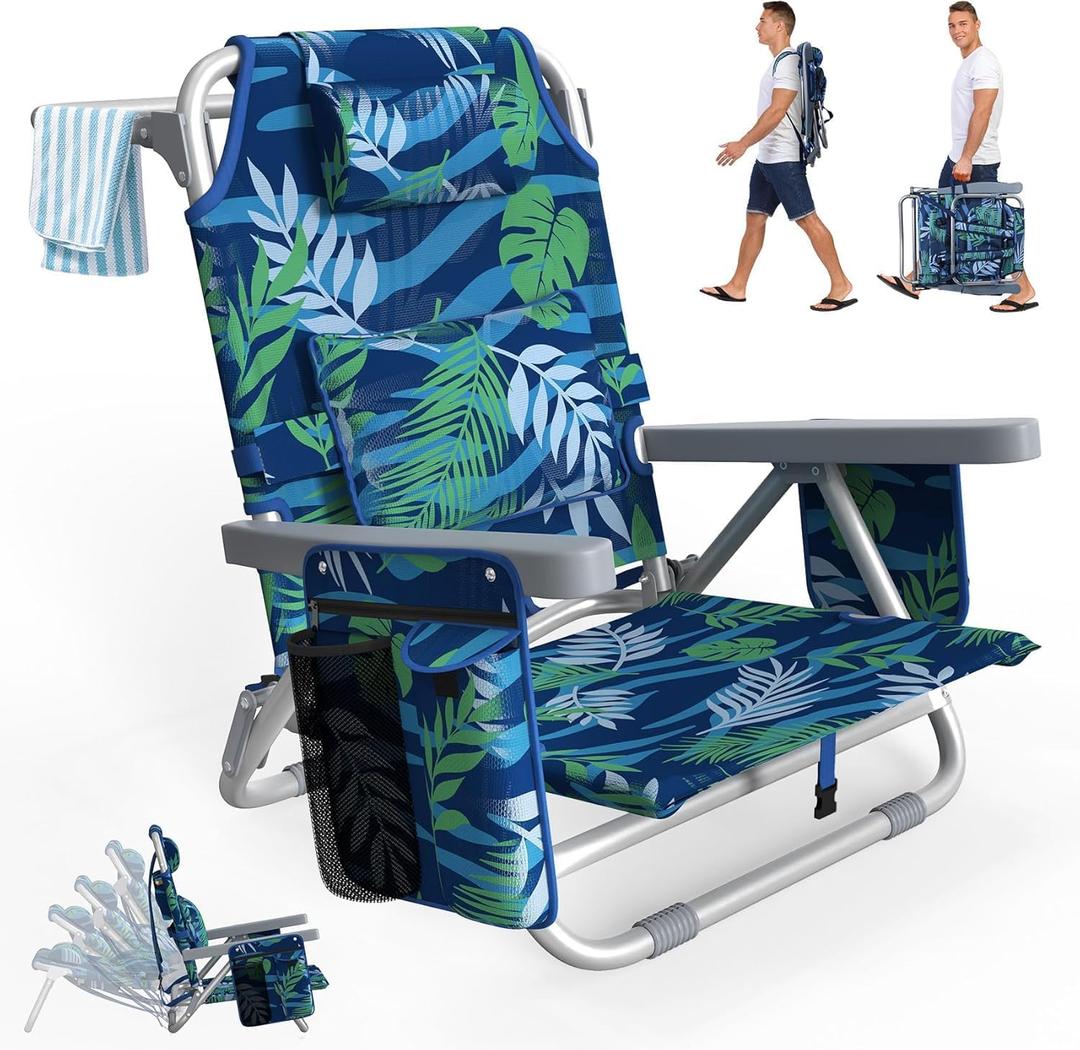 Suteck Beach Chair, Adjustable 5-Position Backpack Beach Chairs for Adults Kids, Foldable Lay Flat Chair with Cooler Bag, Cup Holder and Lumbar Pillow, Reclining Lay Down Chairs (1, Blue&Green)