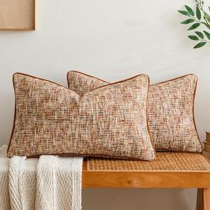 a moment Fall Rust Orange Reversible Pillow Covers 2 Pack - Farmhouse Chenille Throw Pillows, Neutral Textured Decorative Throw Pillow Covers with Border for Couch Sofa Bed (12x20 Inch, No Insert)