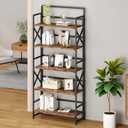 No Assembly Folding Bookshelf, 5 Tiers Vintage Wood Collapsible Book Shelf for Storage,Industrial Metal Foldable Bookcase Organizer for Living Room Bedroom Home Office (Rustic Brown)