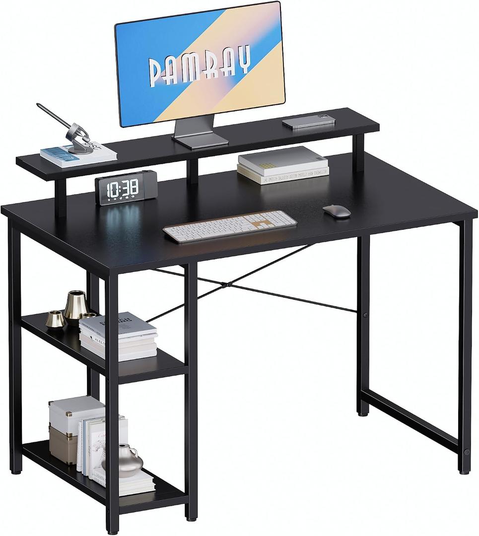 Pamray 33.5 Inch Small Computer Desk with Monitor Stand and Shelves