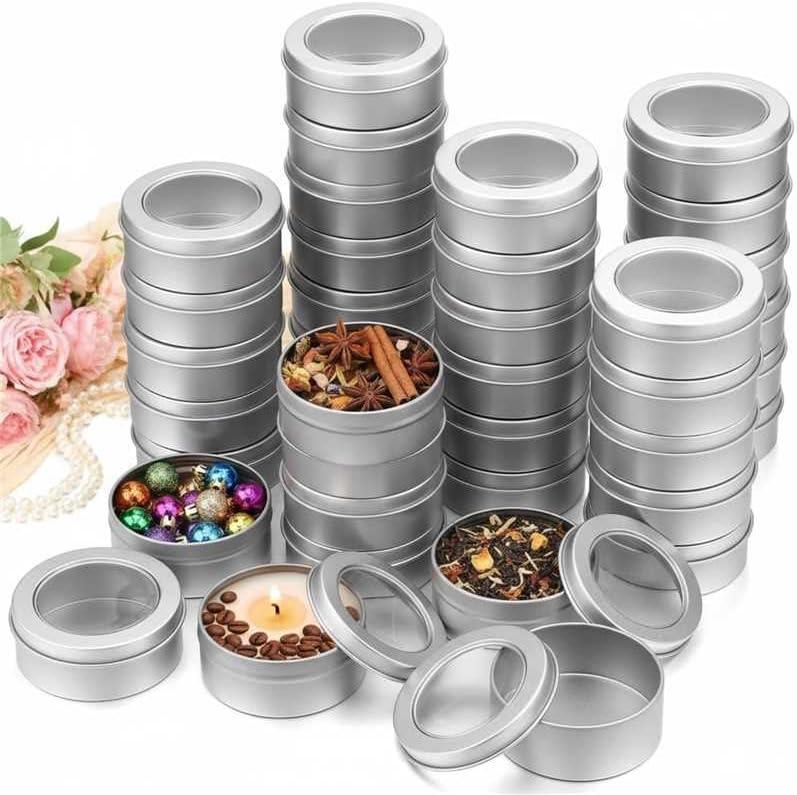 TecUnite 48 Pack 2 Ounce Metal Tin Cans Round Empty Container Salve Tins with Clear Lid for Kitchen, Office, Candles, Candies
