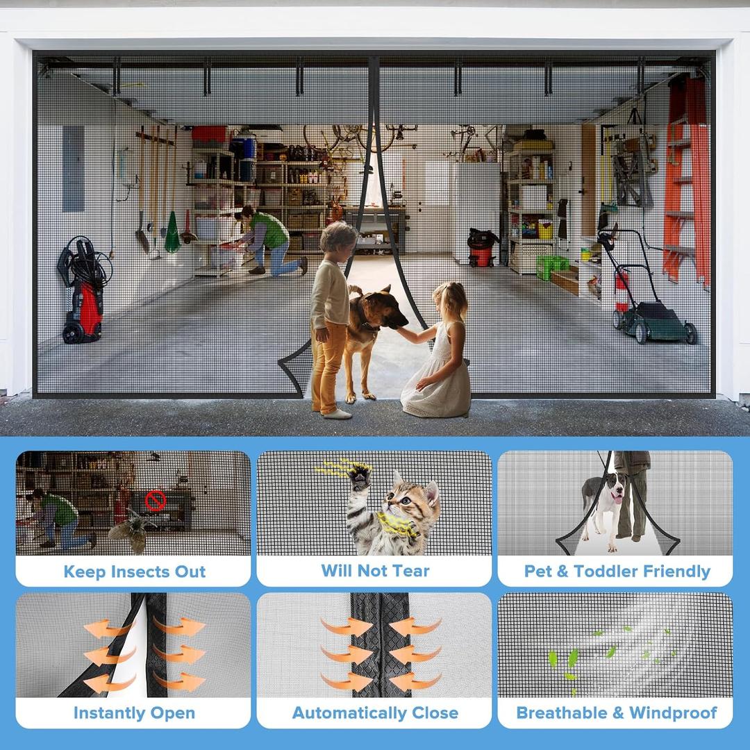 VIOMORL Garage Door Screen 1 Car 9x8ft Garage Screen Door,Upgraded PET Mesh Stronger Than Fiberglass and Polyester, Heavy Duty Weighted Bottom and Magnetic Closure,Hands Free,Easy Assembly