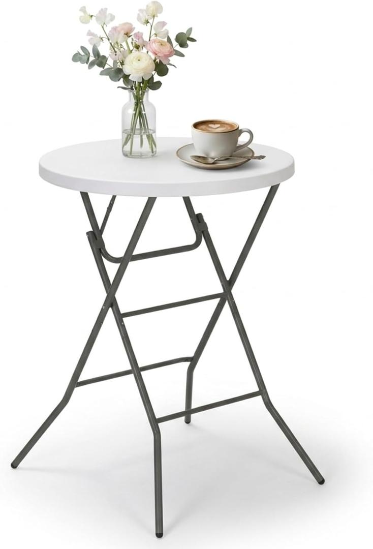 32" Round Folding Table, Portable Bar Height Folding Table with Detachable Legs, Round Foldable Table with HDPE Top for Standing Parties, Balcony, Event, Indoor Outdoor Use (White, 1 Pack), round, 32-inch diameter x 43.3-inch height