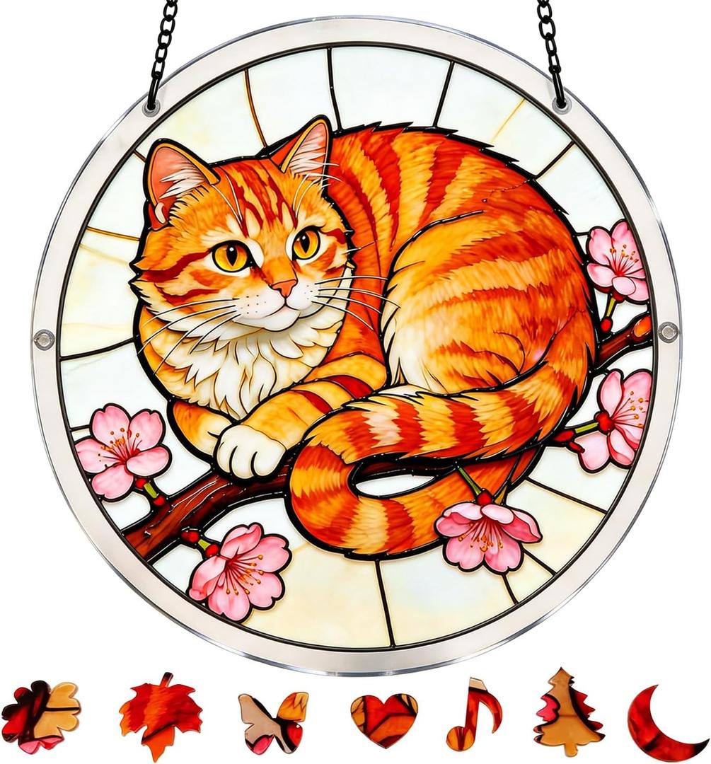 Acrylic Jigsaw Puzzle Suncatcher-Orange Cat, 8.6in Stained Glass Window Hanging, Home Decor Creative Mom Gifts, Birthday Gifts for Women,Wife, Sisters, Aunt, Besties