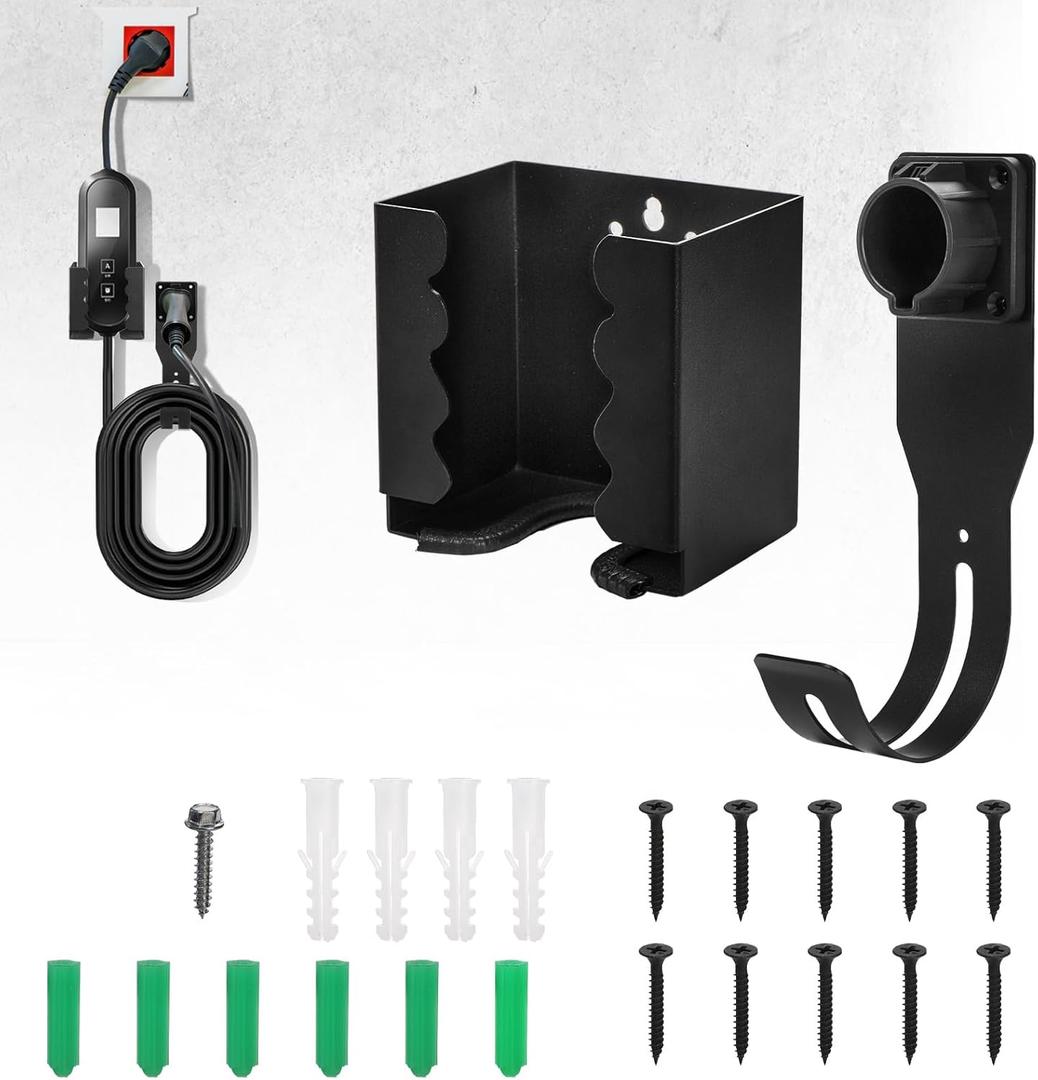 Fasmov EV Charger Holder and Control Box Holder Set, SAE J1772 EV Charger Holster Wall-Mount Electric Vehicle Connector Nozzle Holster Dock with Hook, EV Charging Box Holder for Electric Vehicles