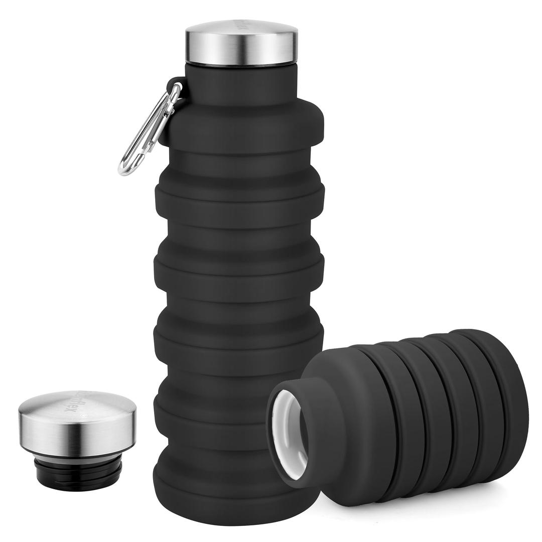 Sitanflex Collapsible Water Bottles 17oz, Portable Leak-Proof Travel Water Bottle, Reusable BPA Free Silicone Foldable Water Bottle with Carabiner for Gym, Traveling, Camping, Hiking, Sports-Black