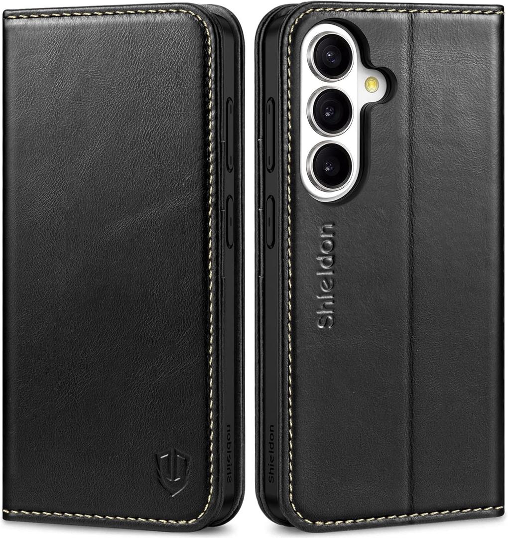SHIELDON Case Wallet for Galaxy S26 6.3" 2026, Genuine Leather Folio Magnetic Closure, RFID Blocking Credit Card Slot, Kickstand Shockproof Protective Cover Compatible with Galaxy S26 - Retro Black