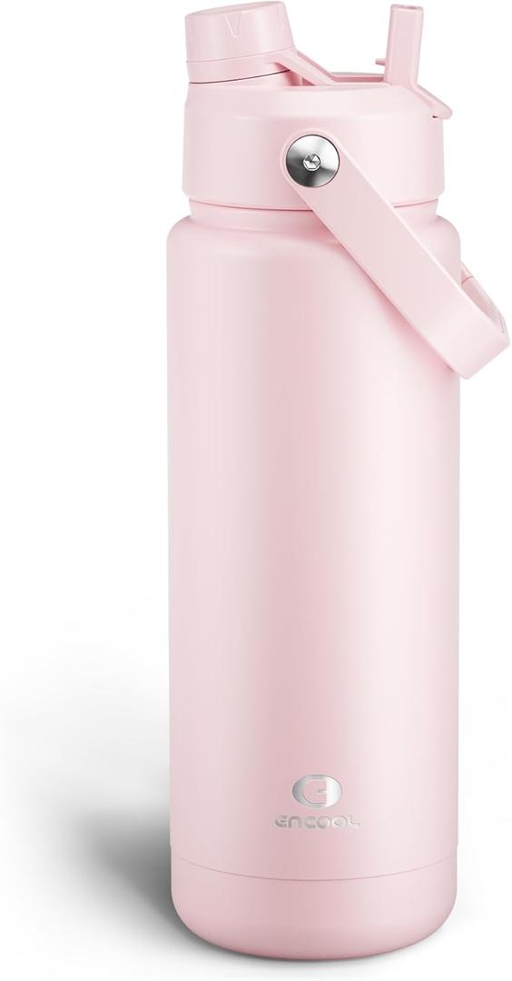 ENCOOL Insulated Water Bottle with Straw Stainless Steel Water Bottle, Leak-Proof, BPA-Free, Double Wall Vacuum Keeps Cold for 24 Hours for Sports, Travel, School (32 oz, Cotton Candy)