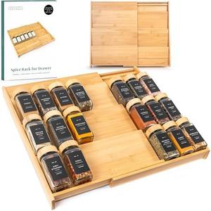 EDELHAUS Bamboo Spice Drawer Organizer - Expandable 4 Tier Spice Rack (Need 3" Deep Drawer) 12" to 24" Wide, Seasoning Organizer, Organization Seasoning Rack insert (Jars Not Included)