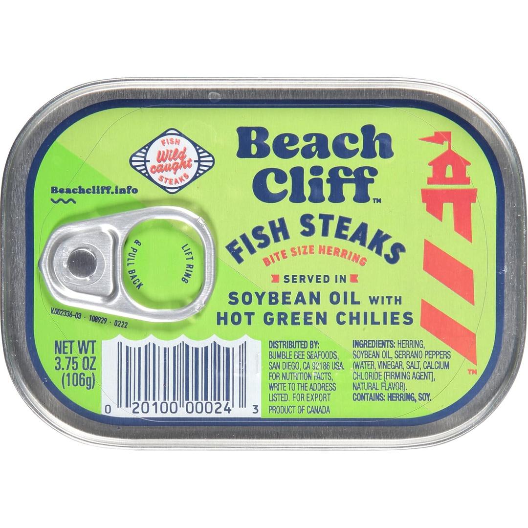 2 x Beach Cliff Wild Caught Fish Steaks in Soybean Oil with Green Chilies, 3.75 oz Can - 16g Protein per Serving - Gluten Free, Keto Friendly - Great for Pasta & Seafood Recipes (EXP 05/01/29)