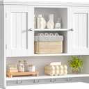 Keehusux 31.5" W Large Bathroom Wall Storage Cabinet with 2 Doors and 4 Hooks, Modern Medicine Cabinet with 3 Open Shelves, Wooden Wall Mounted Bathroom Cabinet for Kitchen, Living Room, White, 31.5"W x 7.9"D x 25.6"H